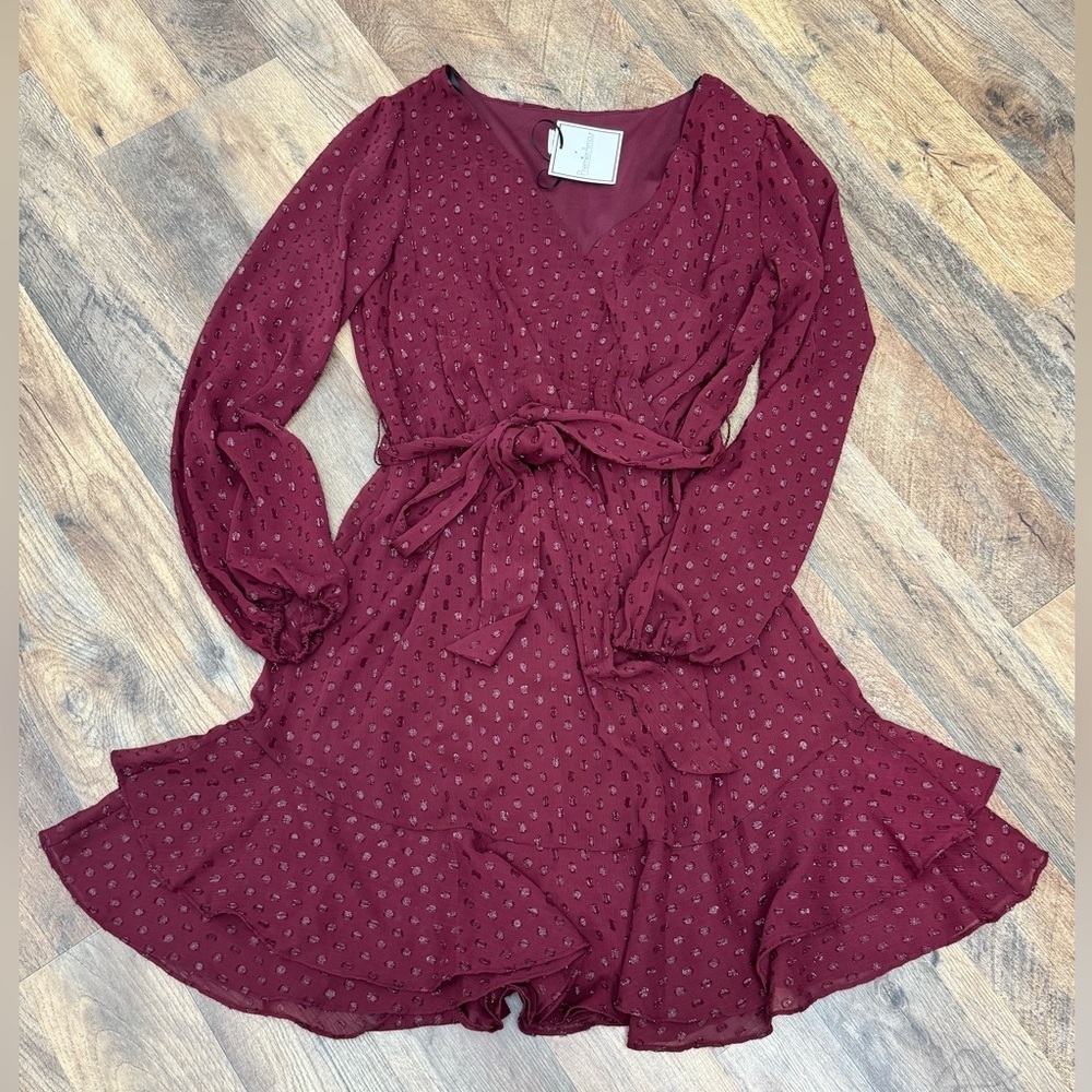 Fit & Flare Chiffon Dress Long Puff Sleeves Size 4 NWT Premier Amour - Picture 5 of 13